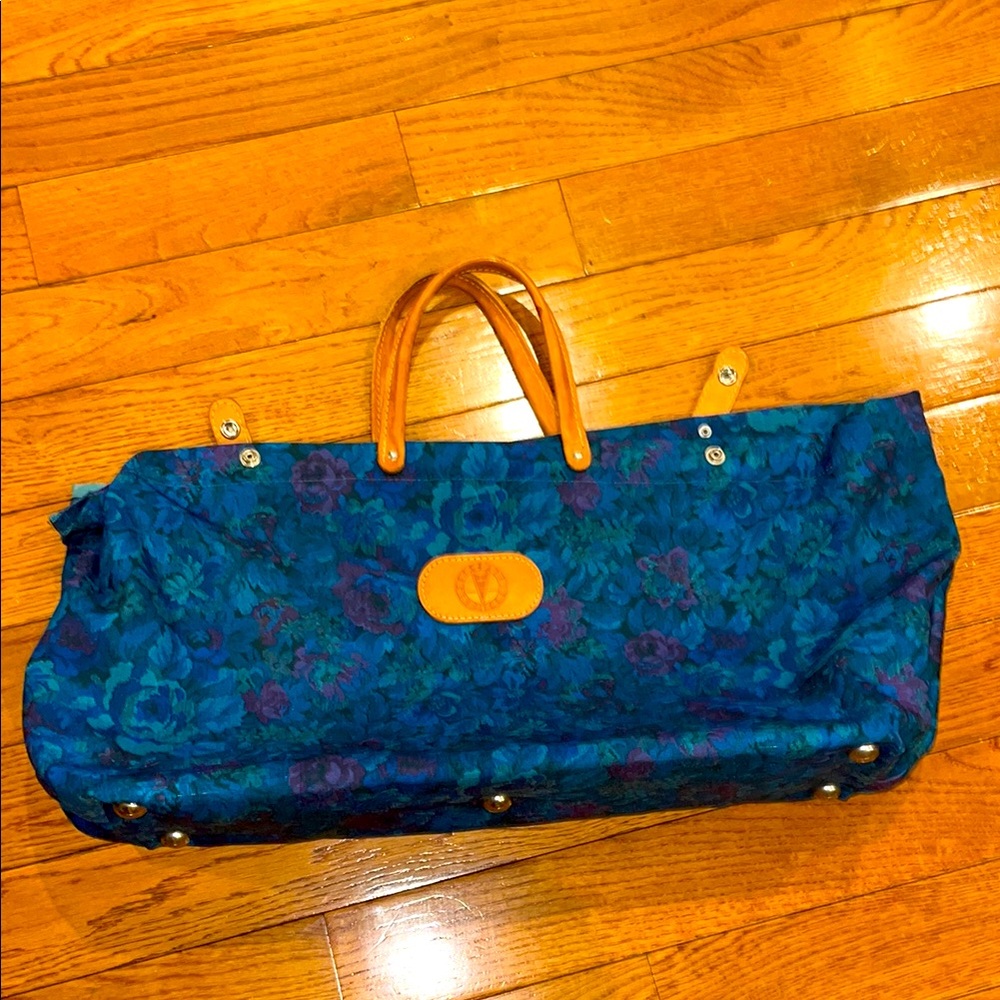 Floral Blue and Tan canvas / leather tote bag with Pontiac symbol